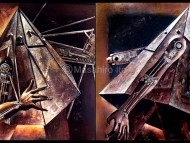 Pyramid Figures (1995) | Работа, нарисованная Ито в студенческие годы и ставшая прообразом Пирамидоголового. Акриловая и масляная краска, плюс несколько пластиковых деталей.